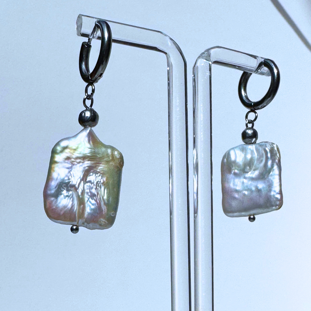 Pearl Slab Dangle Hoop Earrings
